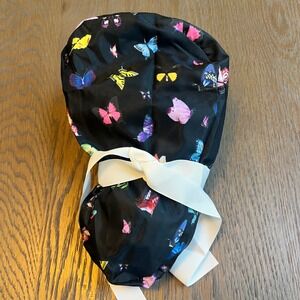 Butterfly Print polyester  Ponytail Scrub Cap Black White Ribbon Mask Buttons